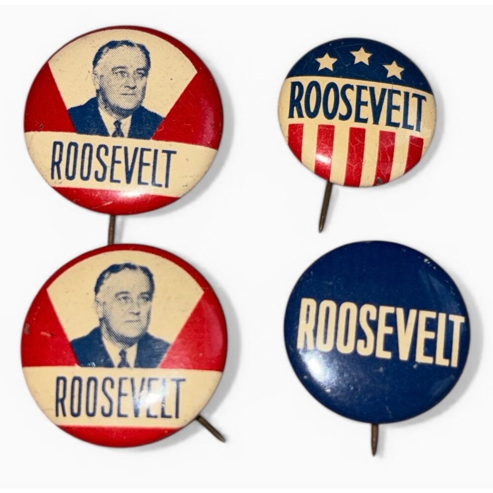 Lot of 4 1932-1944 FDR Roosevelt Presidential Campaign Pinback Buttons Vintage